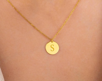 14K Solid Gold Initial Necklace, Personalized Disc Necklace, Custom Coin Necklace, Dainty Initial Disc Necklace, Birthday Gift for Her