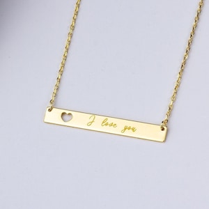 14K Solid Gold Bar Necklace with Heart Cutout, Dainty Engraved Name Necklace, Personalized Birthday Gift for Her, Custom Anniversary Gift