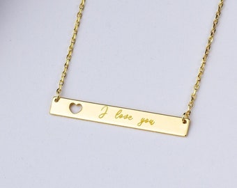 14K Solid Gold Bar Necklace with Heart Cutout, Dainty Engraved Name Necklace, Personalized Birthday Gift for Her, Custom Anniversary Gift