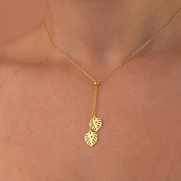 Dubbele kleine gouden ketting monsterablad, minimalistische natuurketting, uniek verjaardagscadeau, bladgoudhanger, sierlijk cadeau bruidsmeisje