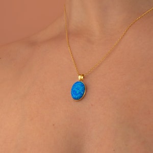 Blue Sterling Opal Necklace, 14k Gold Minimalist Gemstone Statement Necklace, Dainty Layering Necklace, Sterling Silver Oval Opal Pendant