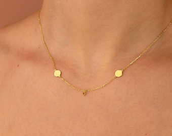Colar com Pingente de Disco em Ouro 14K, Colar Delicado em Ouro, Colar com Pedra de Nascimento para Mulheres, Presente de Aniversário para Ela, Colar com Pingente de Disco para Presentear a Mãe