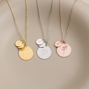 14K Gold Personalized Initial Necklace – Custom Disc Pendant for Women, Mom Necklace with Kids&#39; Initials, Jewelry Gifts for Grandmother