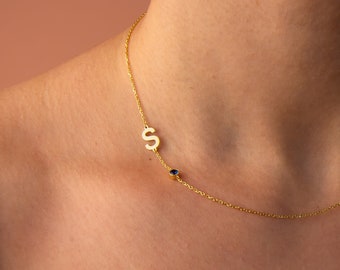 14K Gold Off-Center Letter Necklace with Birthstone, Sideways Initial Necklace, Dainty Gemstone Necklace, Custom Birthday Gift for Her
