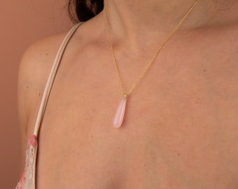 14k Gold Rose Quartz Necklace, Dainty Crystal Jewelry, Pink Quartz Pendant, Sterling Silver Rose Quartz Teardrop Necklace