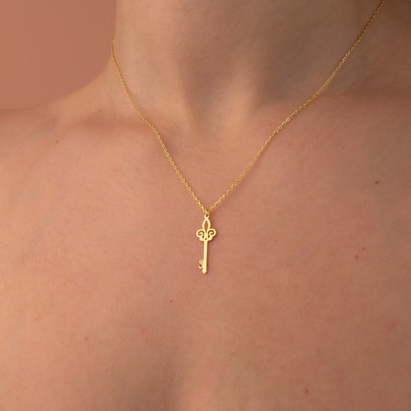 14k Solid Gold Key Necklace Necklace, Dainty Bohemian Key Pendant, Sterling Silver Friendship Necklace, Minimalist Anniversary Gift