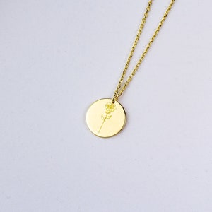 14K Solid Gold Disc Birth Flower Necklace, Birth Month Flower Necklace, Personalized Disc Necklace, Birthday Gift for Her, Anniversary Gift