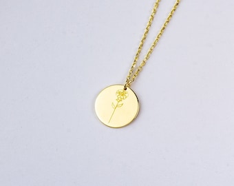 14K Solid Gold Disc Birth Flower Necklace, Birth Month Flower Necklace, Personalized Disc Necklace, Birthday Gift for Her, Anniversary Gift