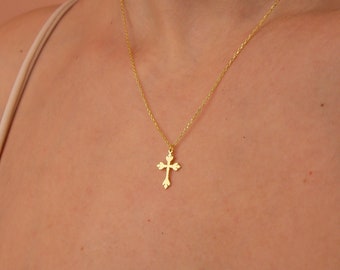 14k Solid Gold Cross Ketting, Barokke Cross Hanger, Religieus kerstcadeau voor vrouwen, Petite Cross Ketting, Christelijke Sieraden Geschenken