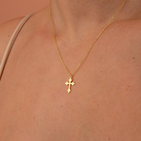 14k Solid Gold Cross Necklace, Baroque Cross Pendant, Religious Christmas Gift for Women, Petite Cross Necklace, Christian Jewelry Gifts