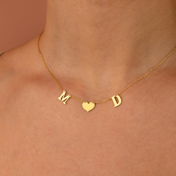 14K Gold Couple Initial Necklace, Personalized Heart Letter Necklace, Custom Couple Necklace with Heart Symbol,Minimalist Solid Gold Jewelry