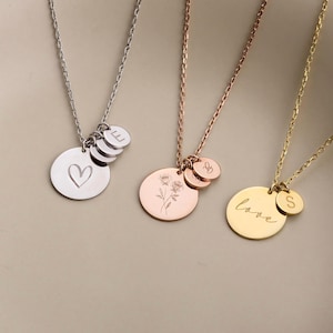 14K Gold Initial Necklace, Personalized Gold Disc Necklace for Women, Mom Necklace with Kids Initials, Custom Engraved BirthFlower Pendant