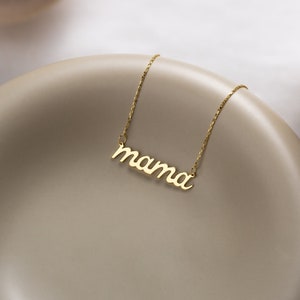 14K Solid Gold Mama Necklace • Dainty Cursive Pendant • New Mom Gift