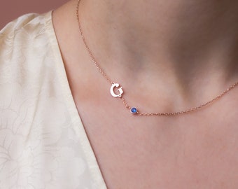 14K Gold Off-Center Initial Necklace with Birthstone, Sideways Letter Necklace, Anniversary Gift, Birthday Gift for Her, Mother's Day Gift
