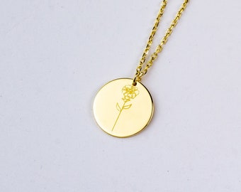 14K Solid Gold Disc Birth Flower Necklace, Birth Month Flower Necklace, Personalized Disc Necklace, Birthday Gift for Her, Anniversary Gift