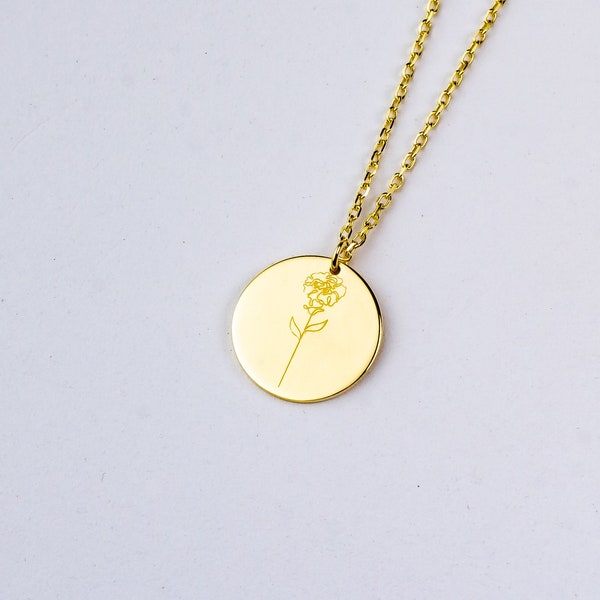 14K Solid Gold Disc Birth Flower Necklace, Birth Month Flower Necklace, Personalized Disc Necklace, Birthday Gift for Her, Anniversary Gift