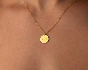 14K Solid Gold Initial Love Necklace, Personalized Disc Necklace, Custom Coin Necklace, Dainty Initial Disc Necklace, Birthday Gift for Her