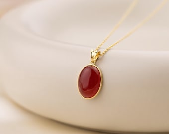 14k Gold Carnelian Necklace, Natural Carnelian Pendant, Minimalist Gemstone Statement Necklace, Genuine Healing Crystal Jewelry for Women