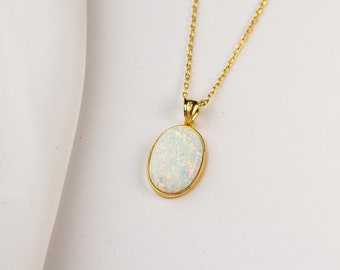 14k Gold White Sterling Opal Necklace, Minimalist Gemstone Statement Necklace, Dainty Layering Necklace, Sterling Silver Oval Opal Pendant