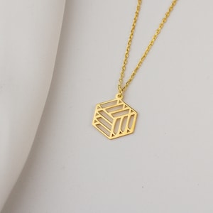 14K Gold Hexagon Necklace, Minimalist Geometric Jewelry, Modern 3D Cube Pendant, Dainty Sterling Silver Christmas Gifts for Women