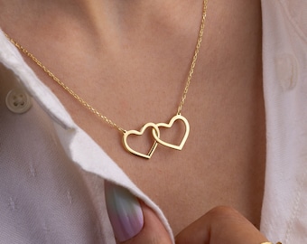 14k Gold Double Heart Necklace, Dainty Linked Gold Necklace, Two Heart Necklace Gift, Interlocked Hearts Necklace, Mother Daughter Pendant