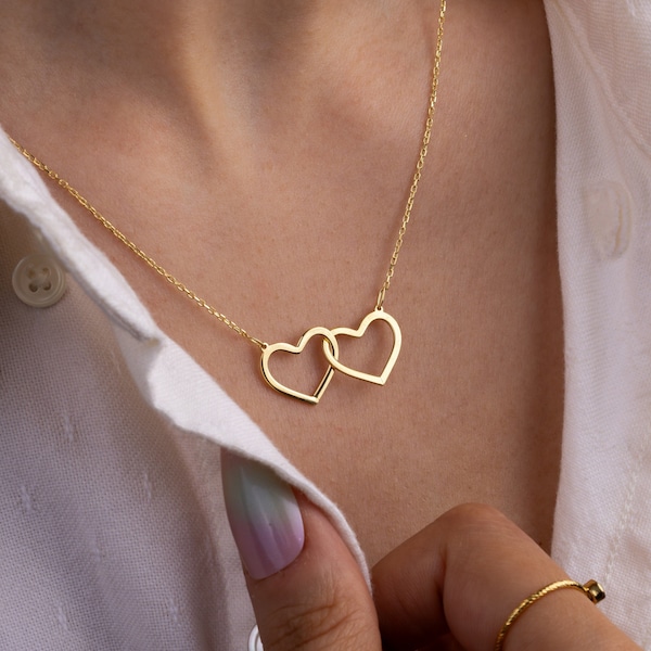 14k Gold Double Heart Necklace, Dainty Linked Gold Necklace, Two Heart Necklace Gift, Interlocked Hearts Necklace, Mother Daughter Pendant