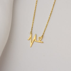 14k Gold Heartbeat Necklace, Minimalist EKG Necklace, Sterling Silver Love Jewelry, Nurse Graduation Gifts, Heart Symbol Gold Necklace