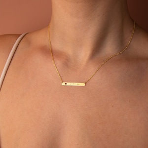 14K Solid Gold Bar Necklace with Heart Cutout, Dainty Engraved Name Necklace, Personalized Birthday Gift for Her, Custom Anniversary Gift