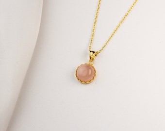 14k Gold Small Round Rose Quartz Necklace, Dainty Pink Crystal Pendant, Sterling Silver Stone Jewelry, Minimalist Everyday Necklace For Her