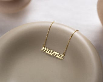 14k Gold Dainty Mama Name Necklace, Custom Mom Name Necklace, New Mom Jewelry Gifts, Mothers Day Gift, Handmade Minimalist Mom Pendant,