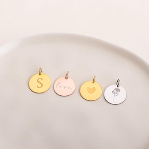 Custom Add On 12 mm Disc – Pingente inicial de disco personalizado sem corrente, pingente gravado personalizado em prata banhada a ouro 14k, SOMENTE PINGENTE