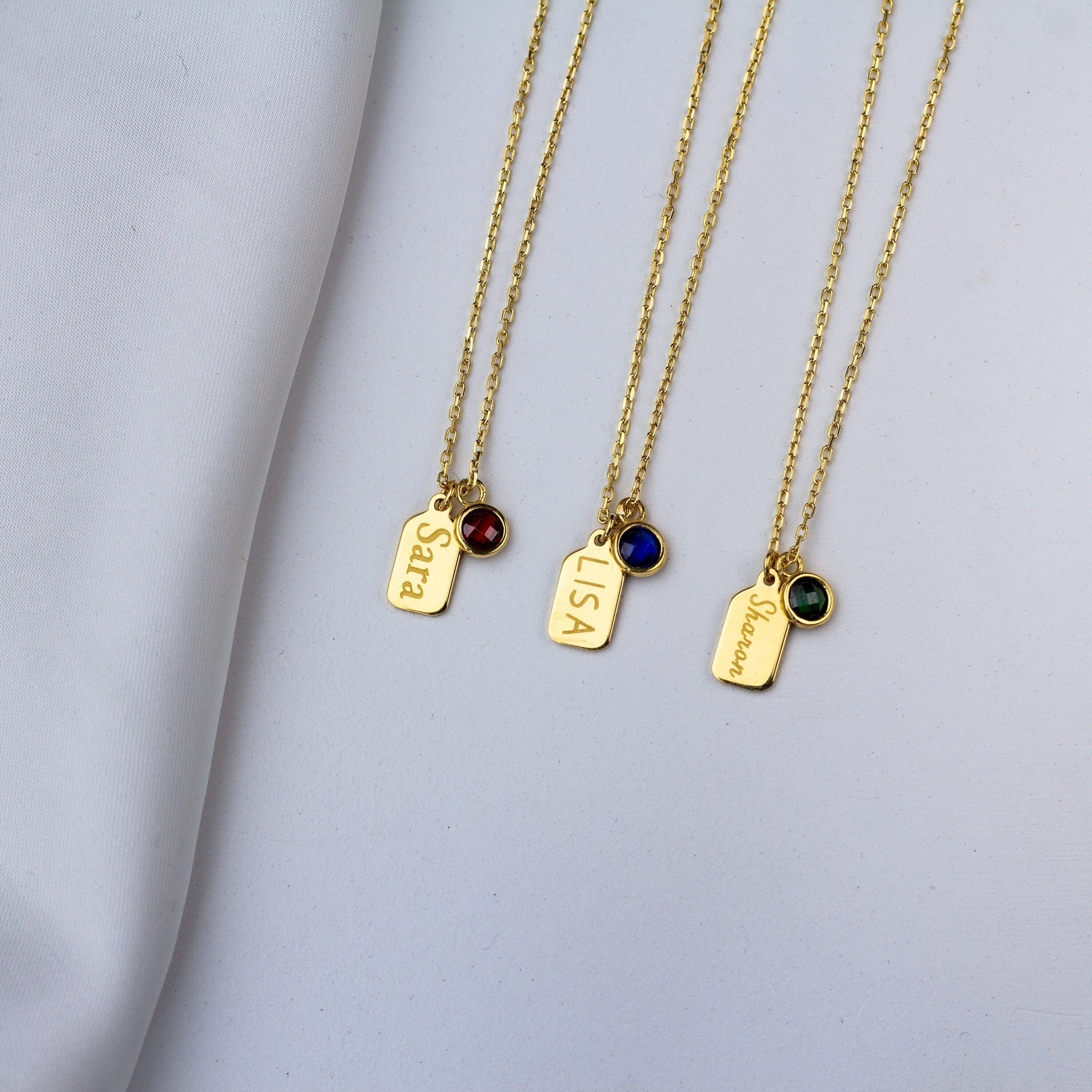 14k Gold Birthstone Tag Necklace, Dainty Personalized Vertical Bar Necklace,Engraved Name Necklace with Birthstone, Birthday Gift for Her