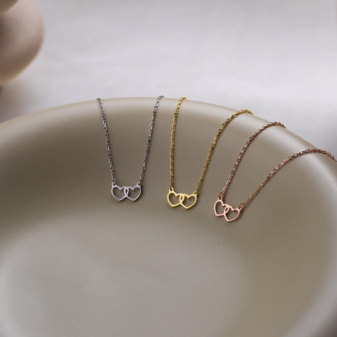 Gold Necklace Women Non Tarnish Dainty Double Heart Necklace 14K