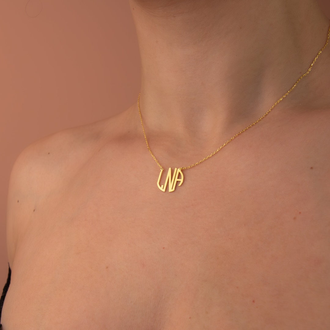 14K Solid Gold 3 Initial Monogram Necklace, Personalized Circle Monogram Pendant, Custom Round