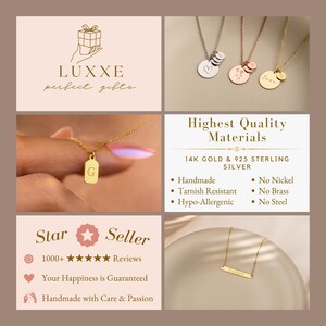 May include: Gold and silver necklaces with various charms, including a heart, a flower, and the word "love". The necklaces are displayed on a light brown background. The text "Highest Quality Materials" is displayed in black text on a white background. The text "14K Gold & 925 Sterling Silver" is displayed in black text on a white background. The text "Handmade, Tarnish Resistant, Hypo-Allergenic" is displayed in black text on a white background. The text "No Nickel, No Brass, No Steel" is displayed in black text on a white background.