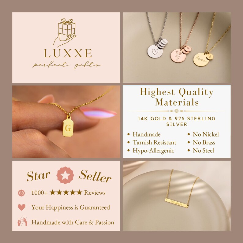May include: Gold and silver necklaces with various charms, including a heart, a flower, and the word "love". The necklaces are displayed on a light brown background. The text "Highest Quality Materials" is displayed in black text on a white background. The text "14K Gold & 925 Sterling Silver" is displayed in black text on a white background. The text "Handmade, Tarnish Resistant, Hypo-Allergenic" is displayed in black text on a white background. The text "No Nickel, No Brass, No Steel" is displayed in black text on a white background.