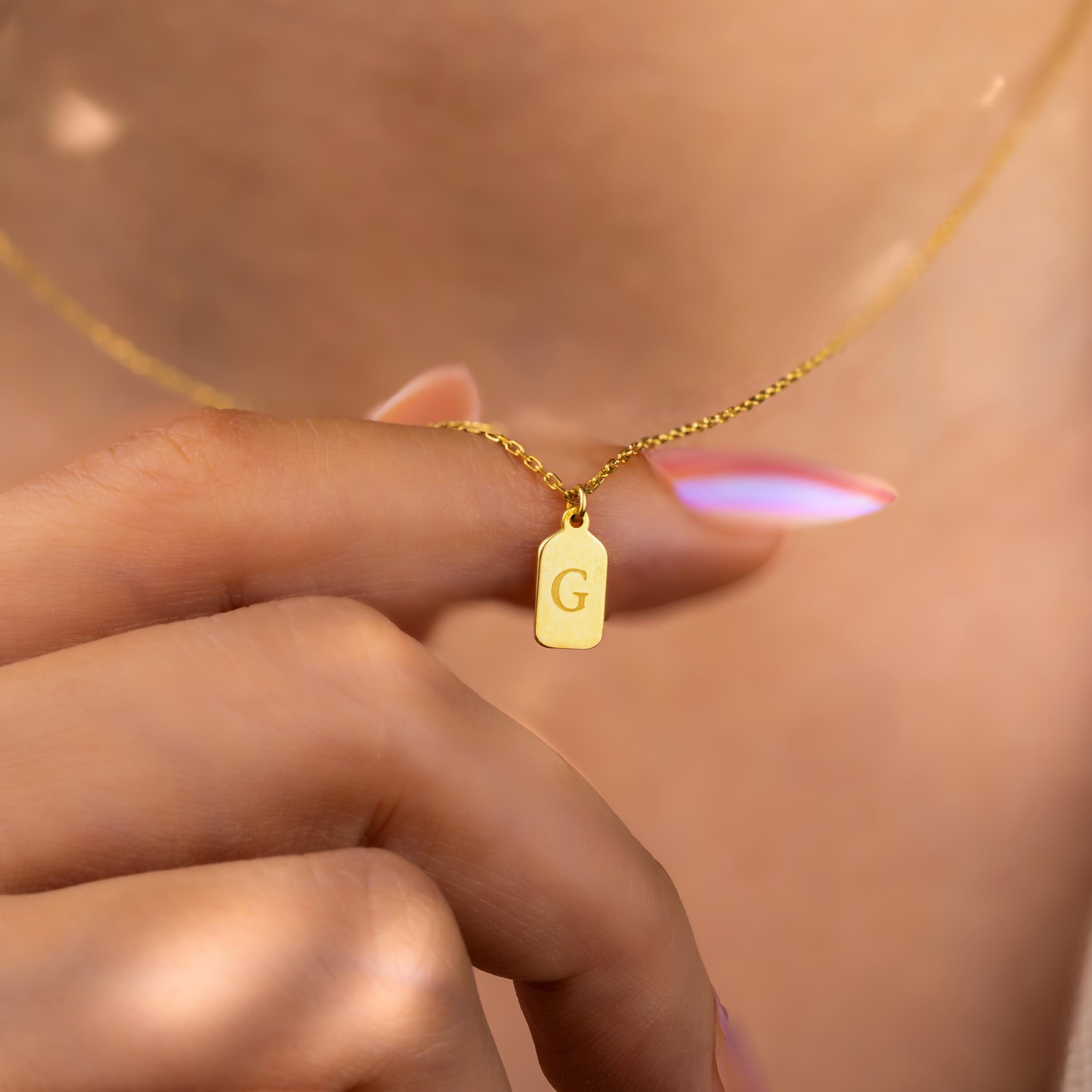 14K Solid Gold Initial Necklace, Personalized Tag Necklace, Custom Engraved Pendant, Birthday Gift for Her, Solid Gold Tag Necklace