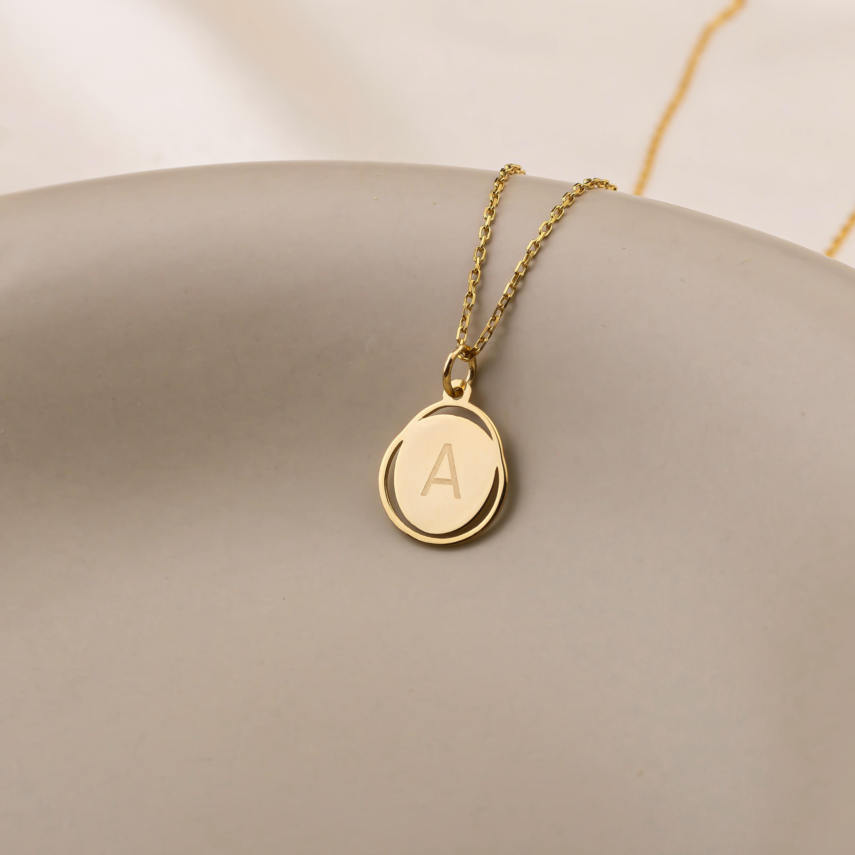 14k Gold Initial Necklace Personalized Disc Necklace Custom Coin 