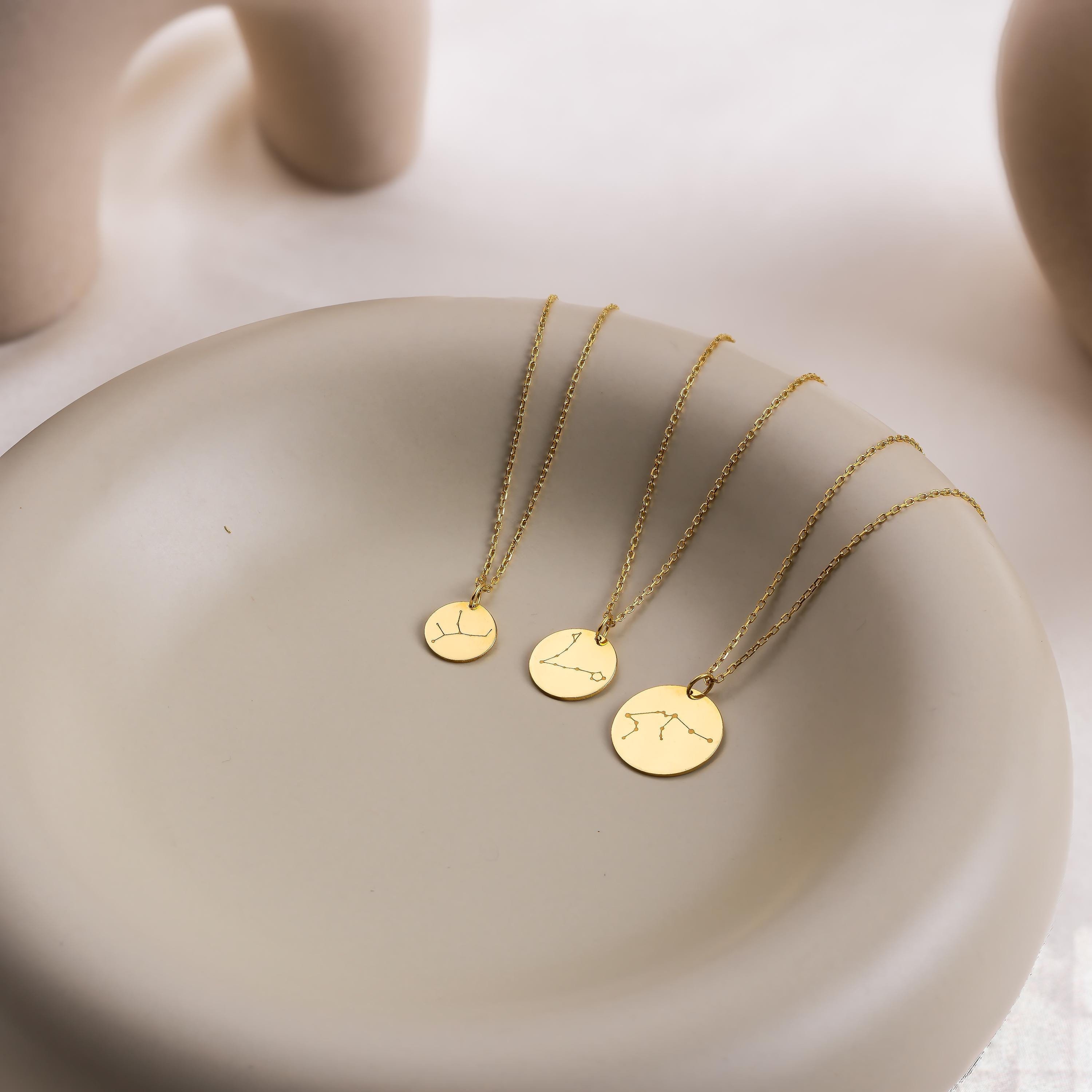 Solid Gold Constellation Necklace, Personalized Star Sign Disc Pendant, Custom Zodiac Necklace, Astrology Sign Jewelry, Horoscope Necklace