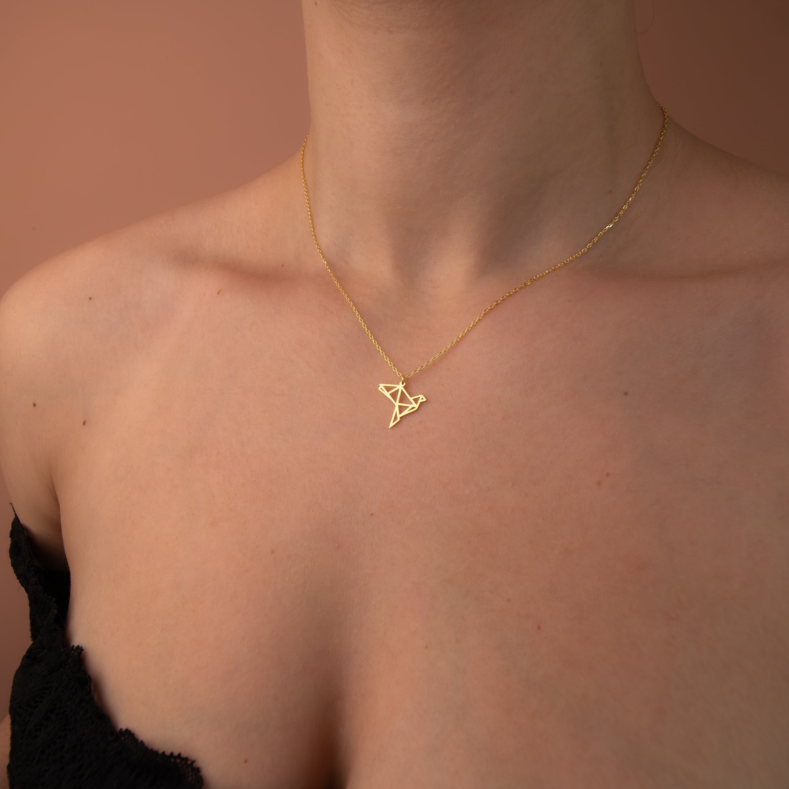 14k Gold Geometric Dove Necklace, Dainty Animal Jewelry, Sterling Silver Bird Necklace, Modern Holy Spirit Pendant, Origami Bird Necklace