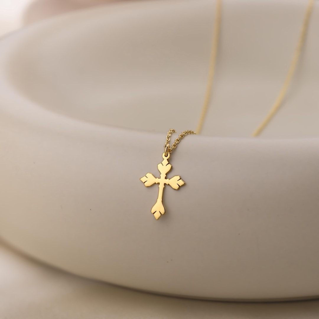 SHRINE クロスネックレス - CROSS NECKLACE - GOLD 14k Solid Gold Cross Necklace, Baroque Cross Pendant, 925