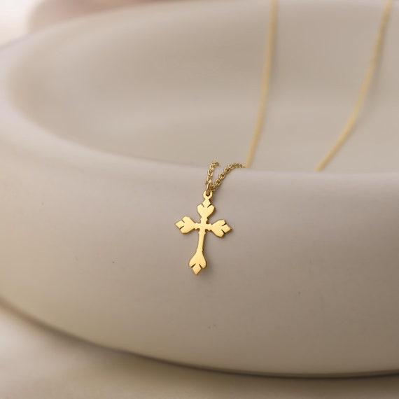 14k Solid Gold Cross Necklace, Baroque Cross Pendant, 925 Sterling