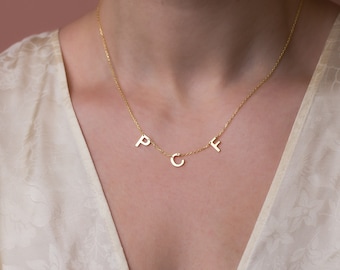 14K Gold Dainty Multiple Initial Necklace, Personalized Three Letter Family Necklace, Mother's Day Gift, Gift for Mom, Birthday Gift for Her