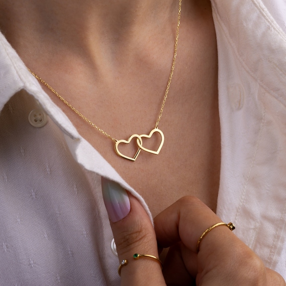Buy 14K Gold Double Heart Necklace Dainty Linked Gold Necklace Two Heart Necklace Gift Interlocked Hearts Necklace Mother Daughter Pendant Online in India Etsy