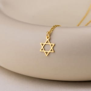 以下が含まれることがあります： 金色のダビデの星ペンダントネックレス。ペンダントは六芒星で、繊細なチェーンが付いています。ネックレスはニュートラルなトーンの表面に表示されています。