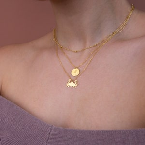 May include: A gold layered necklace with a crab charm and a round pendant with the letter "M" engraved on it.