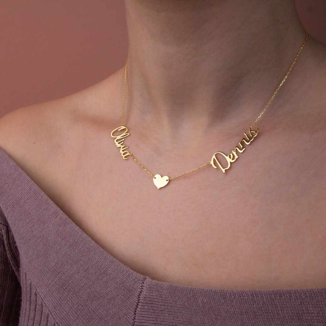 14K Gold Two Name Necklace, Personalized Couple Necklace Heart, Custom