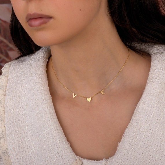 14K Gold Couple Initial Necklace, Personalized Heart Letter