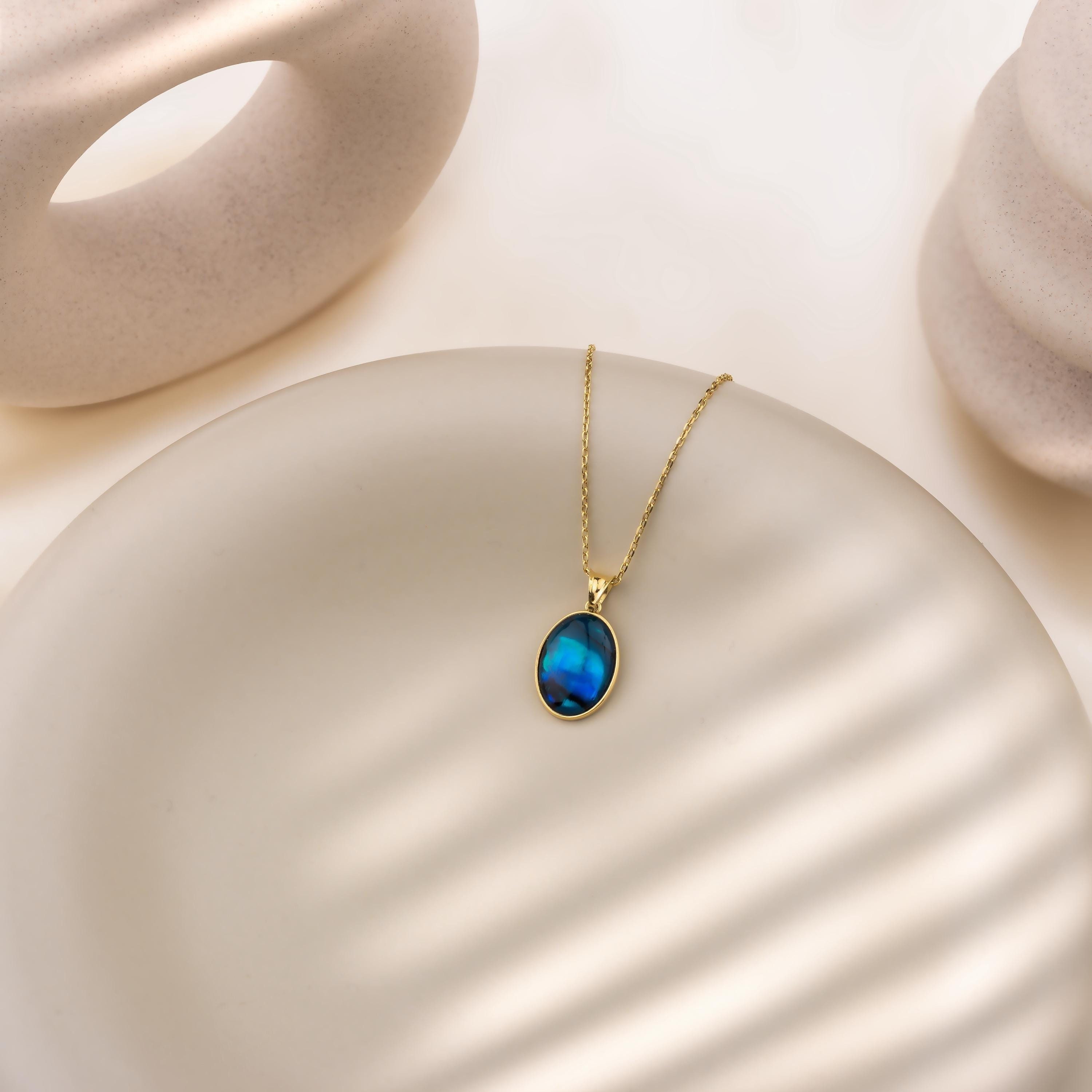 14k Gold Dark Blue Labradorite Necklace, Gemstone Statement Necklace, Dainty Layering Necklace, Sterling Silver Large Labradorite Pendant