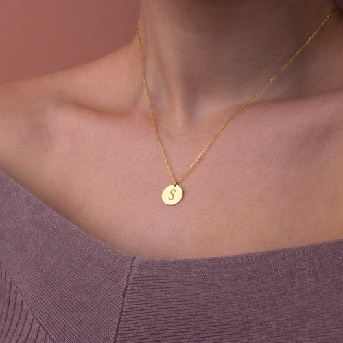 14K Solid Gold Initial Necklace, Personalized Disc Necklace, Custom Coin Necklace, Dainty Initial Disc Necklace, Birthday Gift for Her